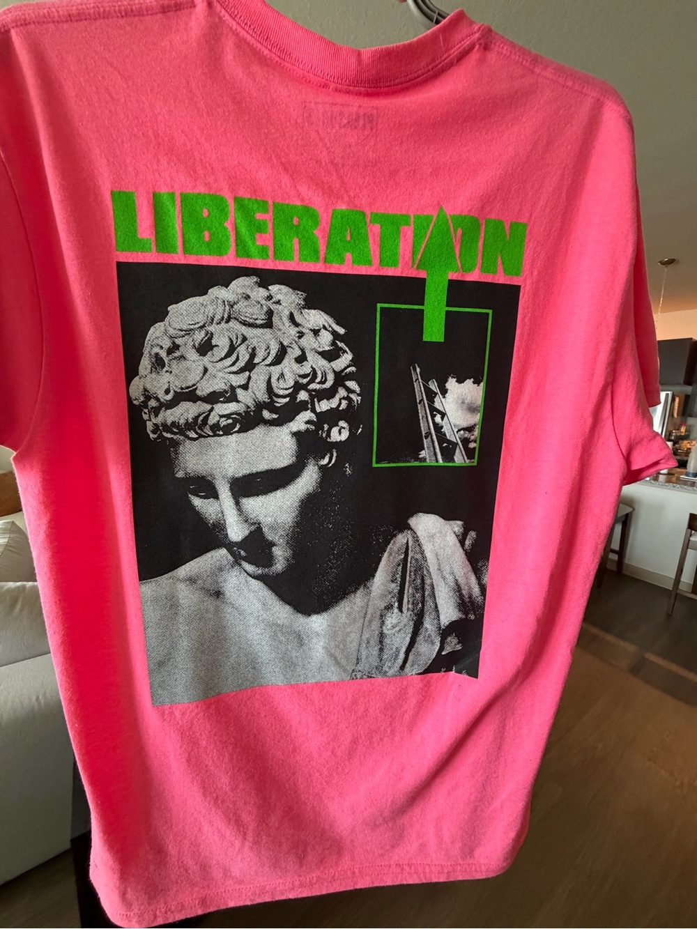 PLEASURES Men's Neon Pink Short Sleeve Tee - Picture 3 of 3